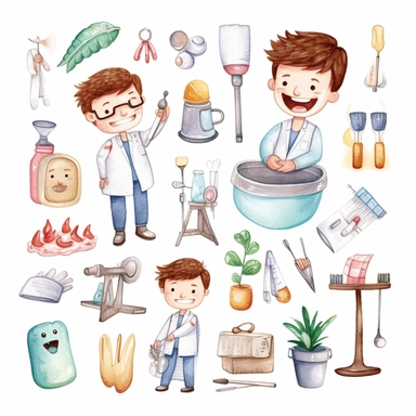 man dentist dental accessories, dentist drills teeth, dental accessories dental chair dental lamp Cute kawaii watercolor white background clipart set single elements with margin