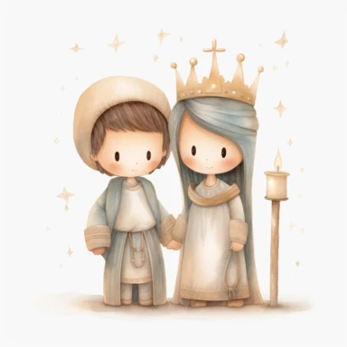 A watercolor painting of a cute nativity with Mary and Joseph, Christmas, cute detailed digital art, inspired by nicoletta ceccoli, by Kubisi art, whimsical and cute, by nicoletta ceccoli, cute detailed artwork, glimmering, adorable and whimsical, whimsical art, Clipart style, png style, svg style, blank white background, a solid white background