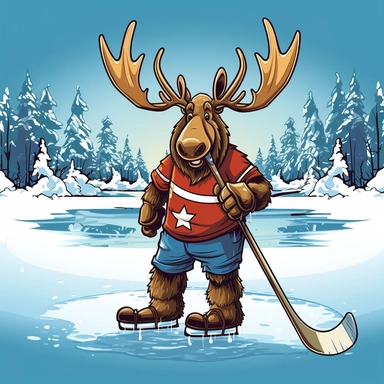 Showcasing a cartoon Moose playing hockey on a frozen lake. The design should capture the Moose's comical nature and incorporate a popular Canadian sport. The artwork can be lively and humorous, with the Moose wearing a hockey jersey and holding a hockey stick.r, that can be used as a sticker, colorful, highly detailed, white background, style of pixar clipart, white background,--no cut off edges