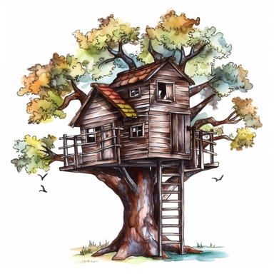 watercolour treehouse clipart illustration, on an isolated clean white background, with black ink outline and black border, cut out