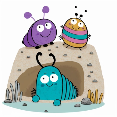 bugs under a lifted rock, grub bugs, clipart style, vector, logo, cute, golden, purple, teal, pink, lite blue, picture book style, children's lesson book, captivating, kid friendly cute character, black and white, coloring book style, cartoon style, vector image, simple, line art style, character, white background
