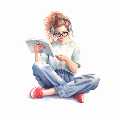 girl reading, pastel colors, light watercolor, few details, dreamy, Studio Ghibli, clipart, white background
