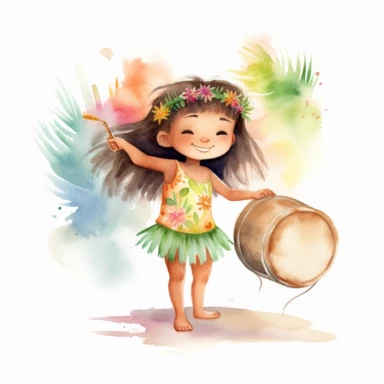 watercolour, adorable little hula dancer, she is 4 years old, dancing and playing a Hawaiian looking little drum, clipart