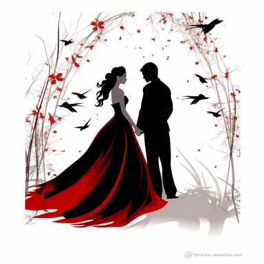 A bride with red dress and a groom with black suit and white shirt must be clip art bride and grrom holding each other from the back watermark simple, elegent and pretty with love birds around make it higresoluution