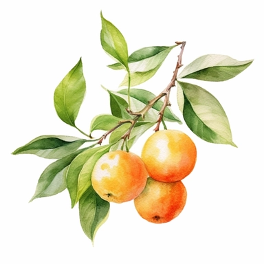 A delicate watercolor clipart of a clementine branch, with green leaves and several orange fruits hanging from it, painted in soft shades of orange and green, set against a white background, Watercolor painting, using high-quality watercolor paper, soft brushes, and various shades of orange and green paint pigments,