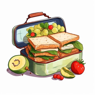 Clipart of a lunchbox with sandwiches and fruit, Hand Drawn Back To School Clip Art, white background