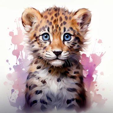 cute baby leopard clipart, pastel watercolor illustration, children's book style illustration, full body view, delicate feminine art style, adorable and curious baby leopard, smilecore, phantasy colors, illustration in pastel children's book style, art style of Greg Rutkowski ar-- 1:1
