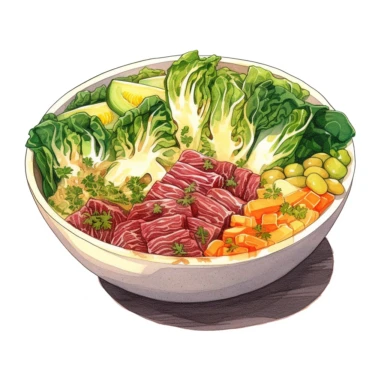 ramen in bowl clipart with toppings like sliced beef, green onions, nori, and a flavorful broth, white background vibrant watercolour, hight detail, 32K, HD