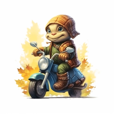 Create a clipart of a cute baby turtle in a leather jacket riding a vintage motorcycle. Strong and vibrant colors. Jungle trees before a White Background, soft lighting.