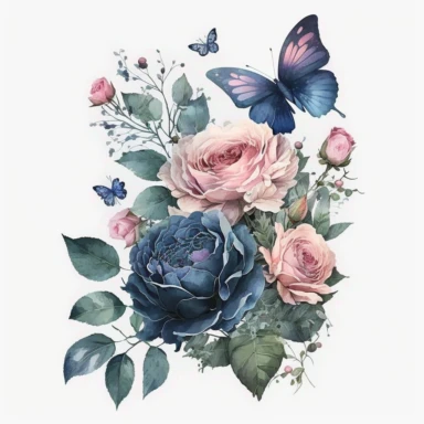 Watercolor bouquet of navy blue and pink roses clipart with some wild leaves and florals and a navy blue butterfly isolated cozy object on white background, magical colors, white background, watercolor, hyperrealism, high detail, isolated elements, clipart