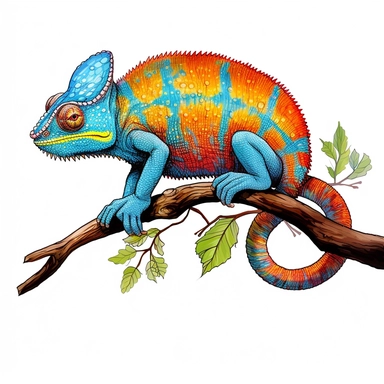 chameleon, clipart, detailed, curled tail, on a branch, clean lines, vibrant, white background