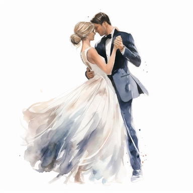 bride and groom dancing at a wedding, detailed watercolor illustration, clipart, plain isolated white background, 8k ultra detail high sharpness