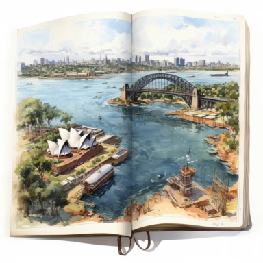 illustration of leather bound journel open with maps of Australia and the iconic Sydney Opera house and Sydney harbour bridge in background simple details, clip art, watercolour, deep vivid colours, white background