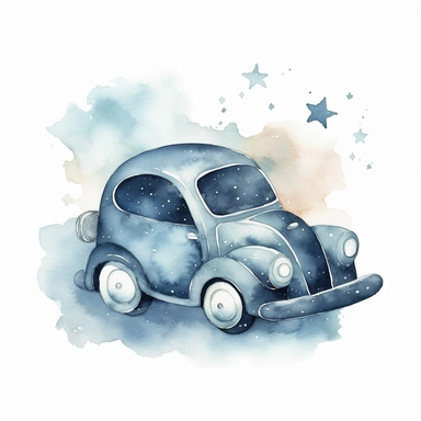 cute watercolor newborn soft blue baby toy car, stars on the background, watercolor effect, isolated white background, babyshower clipart, soft blue tones