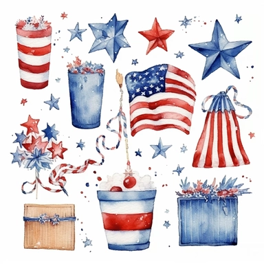 4th of July, watercolor clip art AR 3:2