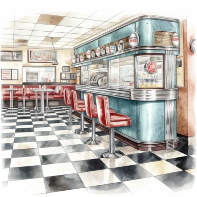 Retro-style diner with classic vinyl booths, checkered floors, and a jukebox in the corner - watercolor illustration with photorealistic high details clipart, white background
