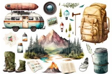 travel items clipart set isolated on white. Watercolor camping concept illustration set. Tourism themed design on a white background, watercolor, hyperrealism, high detail, separate elements, set
