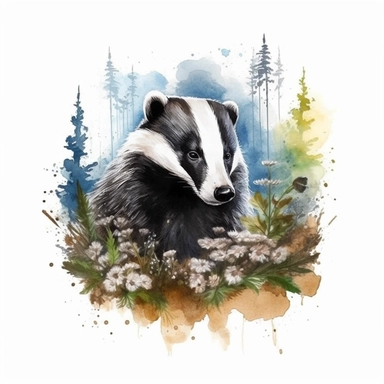 WOODLAND BADGER, CLIPART, WATER COLOUR, WHITE BACKGROUND