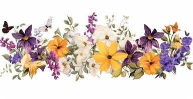 Pressed boho cottagecore floral clipart violet, honeysuckle, black-eyed susan, wild rose and orchids floral border wildflowers with green foliages floral nature garden border, clipart with white background