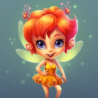 Create a fun and whimsical clipart of a tiny pixie that sparkles with magic. The pixie should be depicted in a cartoon style, complete with large expressive eyes, fluttering wings and a mischievous smile. Use a plain, high contrasted background to accentuate the vibrant colors of the pixie. Make sure to emphasize the glittering details of the pixie's appearance, showcasing the magic that surrounds this enchanting creature. The end result should be a playful and imaginative depiction of a fairy-l