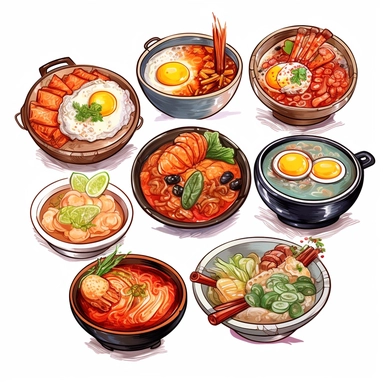 Kimchi, Korean fried chicken, Tokpokki, Ramyeon, Jajangmyeon, Kimbap, Bibimbab, Shabu Shabu, Sundubu jigae, Ginseng chicken soup, korean food, white background, clipart, Object, vector collection, 8k, watercolor