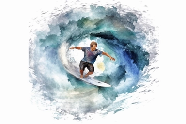 Watercolor, Design an action shot of a surfer riding a barrel wave clipart, hd, on a white background, spaced out