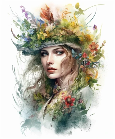 watercolor mixed media a portrait of a beautiful witch covered with moss and fern and branches with summer flowers, masterpiece by Hans Zatzka style and by Pierre-Joseph Redout style and by Vladimir Kush style and by Ivan Fedorovich Choultse style, PNG clipart, isolated on white, white background, extreme photorealistic details, 32k HD resolution, realistic high detailization high resolution