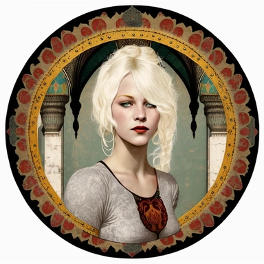 platinum blonde Orientalism bohemian grunge young woman Super Saiyan, handpainted enamel, clipart illustration, circle white background, circular compound design border