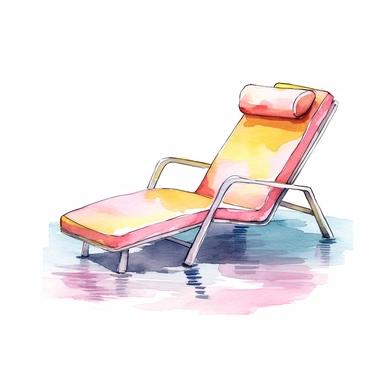 basic watercolor pink pool lounger with yellow accent in minimal hand drawn style, Etsy, textured, clipart, white background