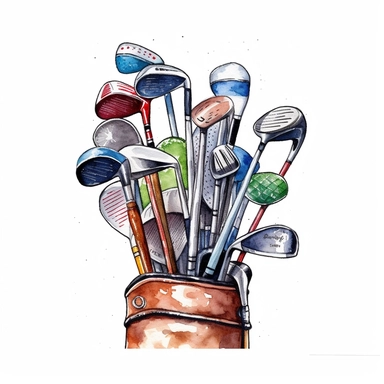 Golf clubs logo watercolor,simple Watercolor, hyper realistic, white background, white margins, 16k, ultra detailed clipart, cut out image, hand - drawn, whimsical manhwa style, ultra HD, sharp and clean art