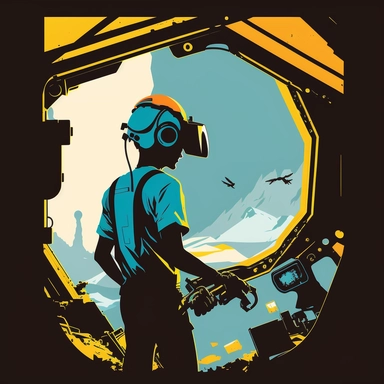 excavator cockpit, worker wearing vr headset, poster, simplistic, abstract, vector, 2d illustration, clipart, few colors
