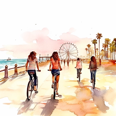 A group of friends riding vintage bicycles along a coastal road, with the iconic Santa Monica Pier in the background, watercolor, clipart