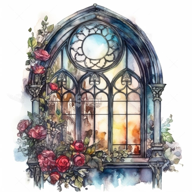 a gothic victorian window, overgrown with very big colorful roses beautifully designed, clear view on a victorian city, in the style of dark intense colors, oh my god is this beautiful, watercolor, clipart, white background