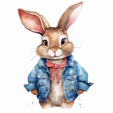 A detailed illustration of a very cute and friendly bunny with a big personality, , wearing clothes, Hand drawn watercolor clipart in the style of Nidhi Chanani on white background