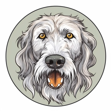 logo, color pencil drawing Irish Wolfhound dog , head, facing front, cute, circle frame, cartoon clipart, vector, bold line, white isolated background, high definition