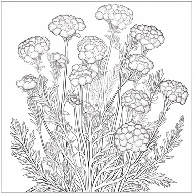 tile embroidered vase of random type of Achillea Desert Eve Deep Rose flowers , clipart white background ,coloring book page for kids ,black and white , wavey lines , no noise , crisp thick lines , outline art ,One-line drawing style ,no shadowing