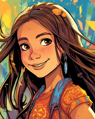 Blend of comic book art and lineart in full natural colors. A full-body portrait shot of a bright and energetic 10-year-old Irish Italian Indian girl. She has long, flowing brown hair with a few braids or colorful hair clips that add a playful touch. Her eyes are wide and curious, reflecting her youthful innocence and curiosity. She dresses in comfortable and age-appropriate clothing, such as jeans or leggings paired with colorful tops or t-shirts. She often wears sneakers or cute ballet flats t