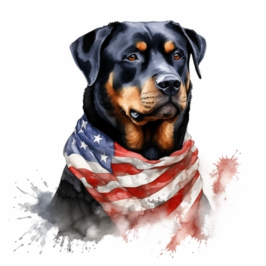 realistic watercolor of a Rottweiler wering a american flag scarf, vector free clipart illustration, in the style of unreal engine 5, 32k uhd, detailed features, white background