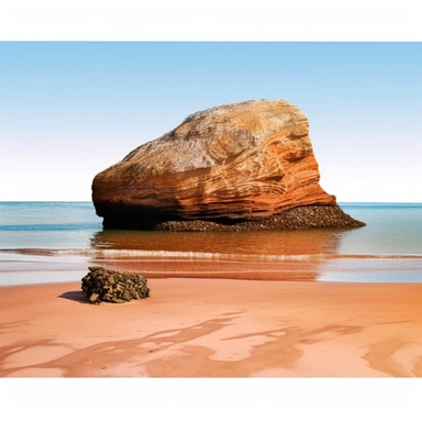 Detailed Watercolor of a beach of orange sand with a large rock covered in water, in the style of suffolk coast views, clipart, sticker art, flat 2d, 8k, high definition, white background