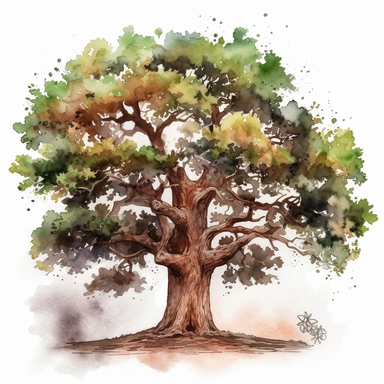 Design a captivating clip art image of an oak tree in a watercolor style with a white background. The oak tree should be majestic and exude strength and wisdom. Focus on its sturdy trunk, spreading branches, and broad, lobed leaves. Use earthy tones and vibrant colors to bring out the tree's natural beauty, including shades of green, brown, and golden hues. Pay attention to the intricate details of the bark and leaves, capturing their texture and unique patterns. Consider adding elements like ac