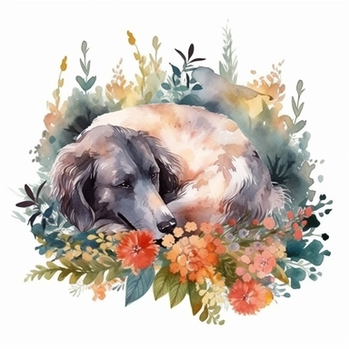 Lazy Dog Sleeping in garden over Flowers and Leaves ,Isolated,Watercolor Clipart