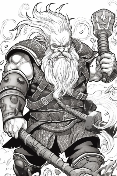 realistic style, bold black lines, fantasy dwarf in combat using axes and hammers hitting themed colouring page, bold black lines, clipart, digital art, colouring page for adults