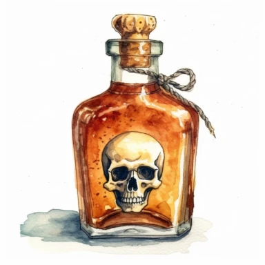 watercolor, hyper realistic, white background, white margins, 16k, ultra detailed clipart, cut out image, hand-drawn a vintage poison elixir bottle with a skull and crossbones symbol, evoking a sense of intrigue and danger. Use a warm and rich color scheme inspired by vintage medicine bottles, with shades of deep amber, antique brown, and subtle hints of gold