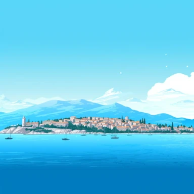 panoramic view, full view of island town Veli Losinj Croatia, beautiful blue water, blue skies, sail boats scattered in the horizon, Velebit mountain range in the background, sharp focus, high detail, illustration clipart style, transparent background