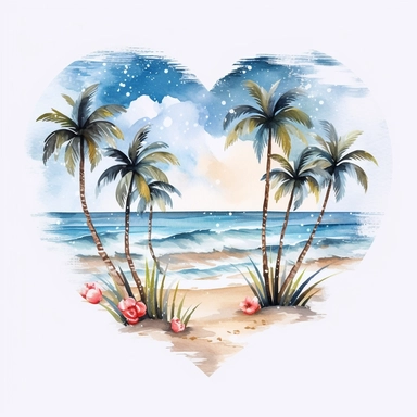 Heart beach, retro beach, beach heart, sunshine, watercolor beach heart clipart, hd, on white background, spaced out ar 3:2-- s1000--500