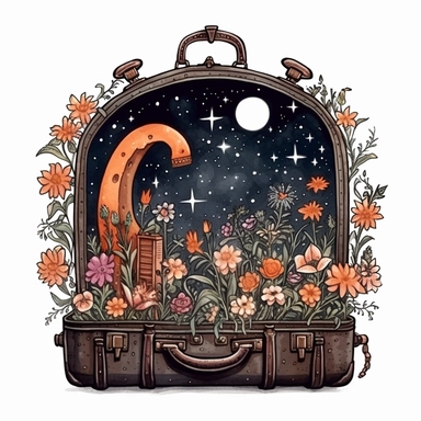 creepy magic suitcase with flowers growing out of it crescent moon and stars clipart, detailed, white background, illustration painting, collaged constructions, digital art, watercolor, in the style of sculptural and geometric, forced perspective drawings, Geometric brushstrokes form an intriguingly abstract, in the style of dark fantasy, creepy frightening repulsive images, frightening, painterly figure, by Pablo Picasso, by Wassily Kandinsky, by Zdzisław Beksiński