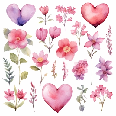 Charming watercolor clipart set featuring different pink flower species, portrayed from various angles, arranged in a heart-shaped composition, clipart on a white background.