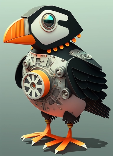 mechnical puffin bird, futuristic, black, coins and bills, cylinder hat, pointing to the sky with one wing png clipart free vector, in the style of de stijl, generative art, light black and orange, back button focus, fragmented icons, birds-eye-view, playful and ironic
