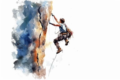 Watercolor, Create an illustration of a rock climber conquering a challenging cliff clipart, hd, on a white background, spaced out