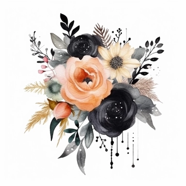 watercolor, handpainted black boho floral clipart, transparent background, spaced out--ar 3:2